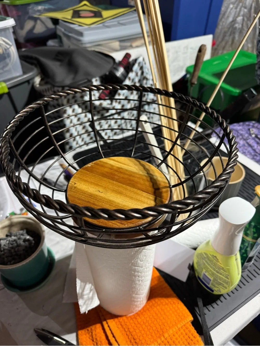 Metal Wire Bowl with Wooden Insert - Black & Natural Wood